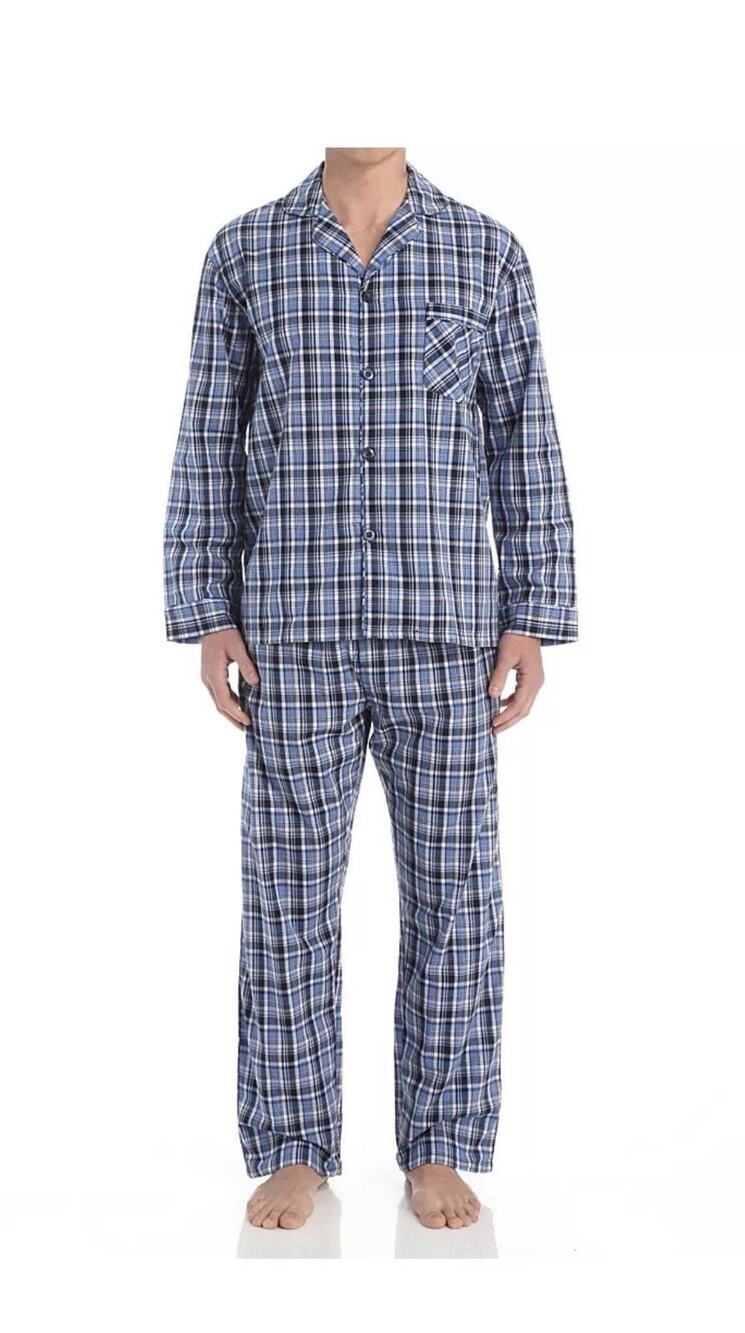 Hanes 2pcs Men’s Long Sleeve Pajama Set Size L Plaid Cotton Blend NIB